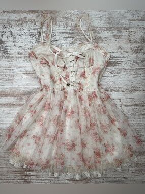 Rare HTF LIZ LISA Cream Dress with Pink Rose Print and Lace-Up Bodice